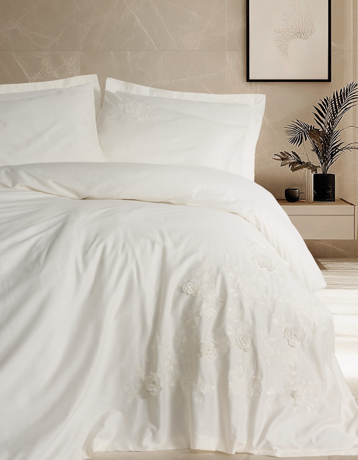 Cotton Box 3D Nakışlı Saten Çift Kişilik Nevresim Takımı Chic Ekru