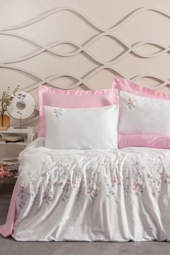 Cotton Box 3D Nakışlı Saten Çift Kişilik Nevresim Takımı Jolie Pembe