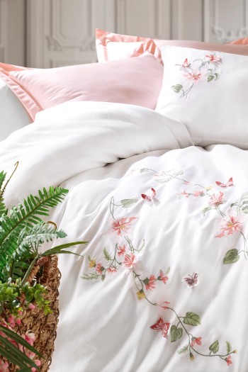 Cotton Box 3D Nakışlı Saten Çift Kişilik Nevresim Takımı Luna Petrol