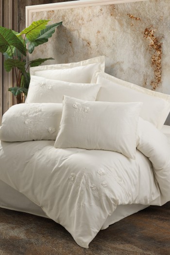 Cotton Box 3D Nakışlı Saten Çift Kişilik Nevresim Takımı Pure Ekru