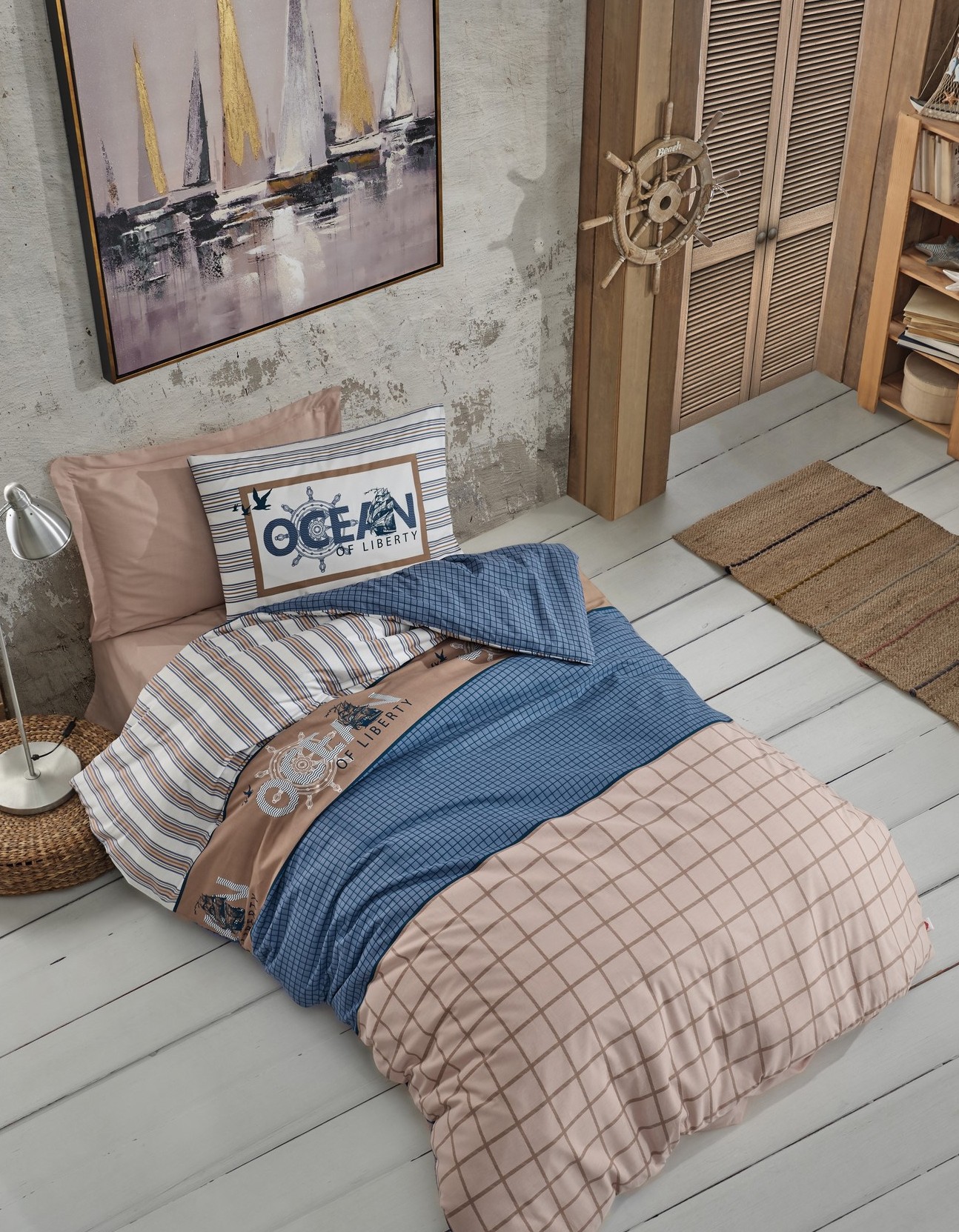 Cotton Box Genç Odası Tek Kişilik Lastikli Çarşaflı Nevresim Takımı Ocean Lacivert