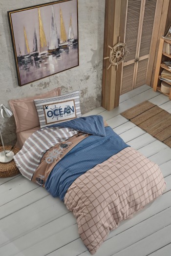 Cotton Box Genç Odası Tek Kişilik Lastikli Çarşaflı Nevresim Takımı Ocean Lacivert