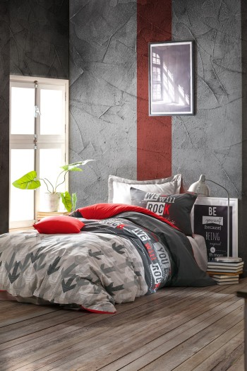 Cotton Box Genç Odası Tek Kişilik Lastikli Çarşaflı Nevresim Takımı Rock Kırmızı