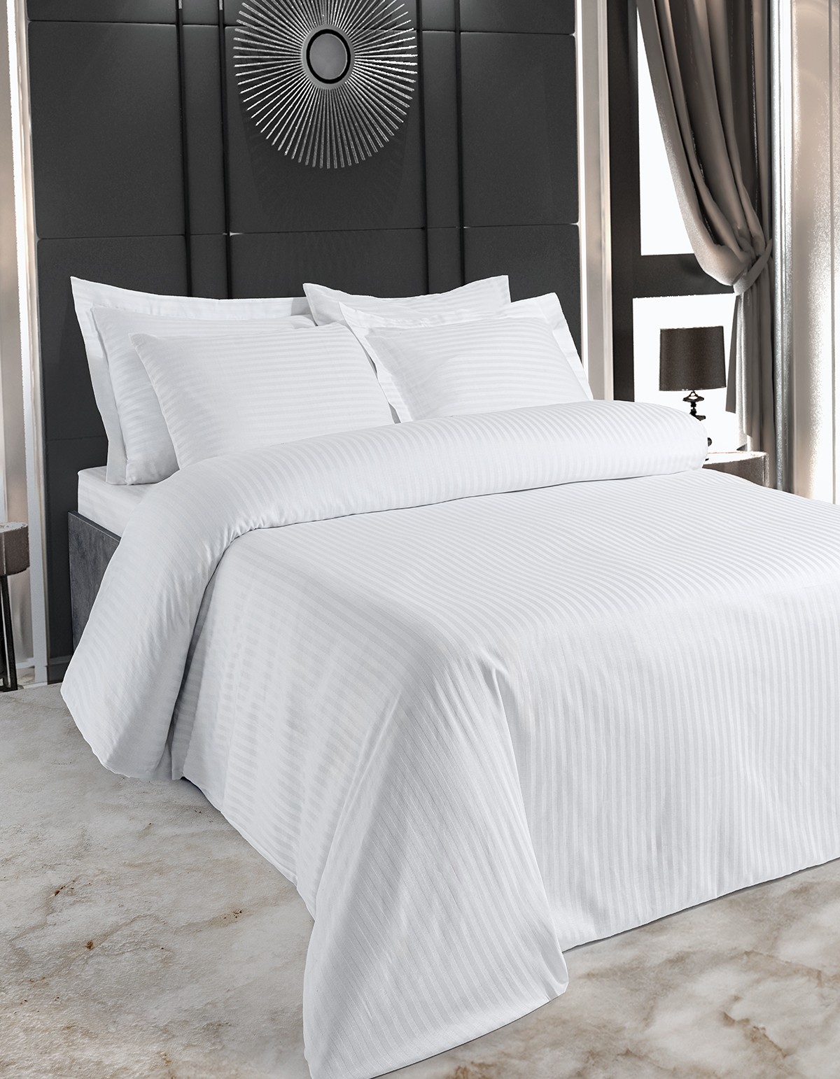 Hermes Serisi 83Tel Pamuk Polyester Saten Otel Nevresim Takımı 1cm Çizgili