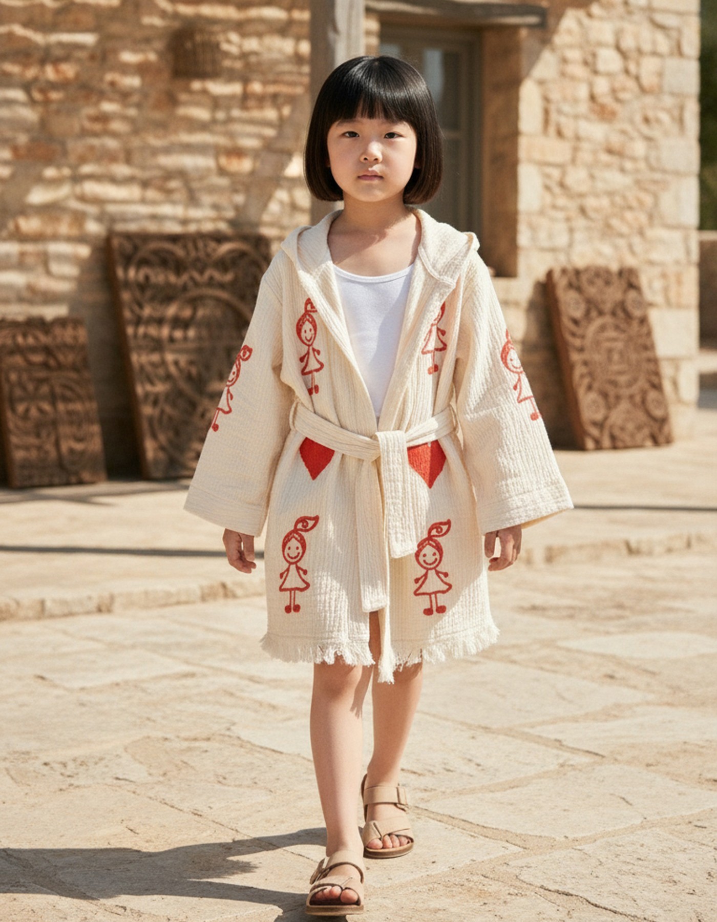 Varol %100 Organik, El İşçiliği Taş Baskı Çocuk Bornozu - Baby