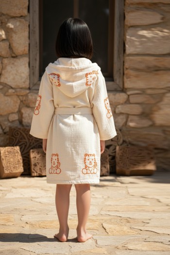 Varol %100 Organik, El İşçiliği Taş Baskı Çocuk Bornozu - Kaplan