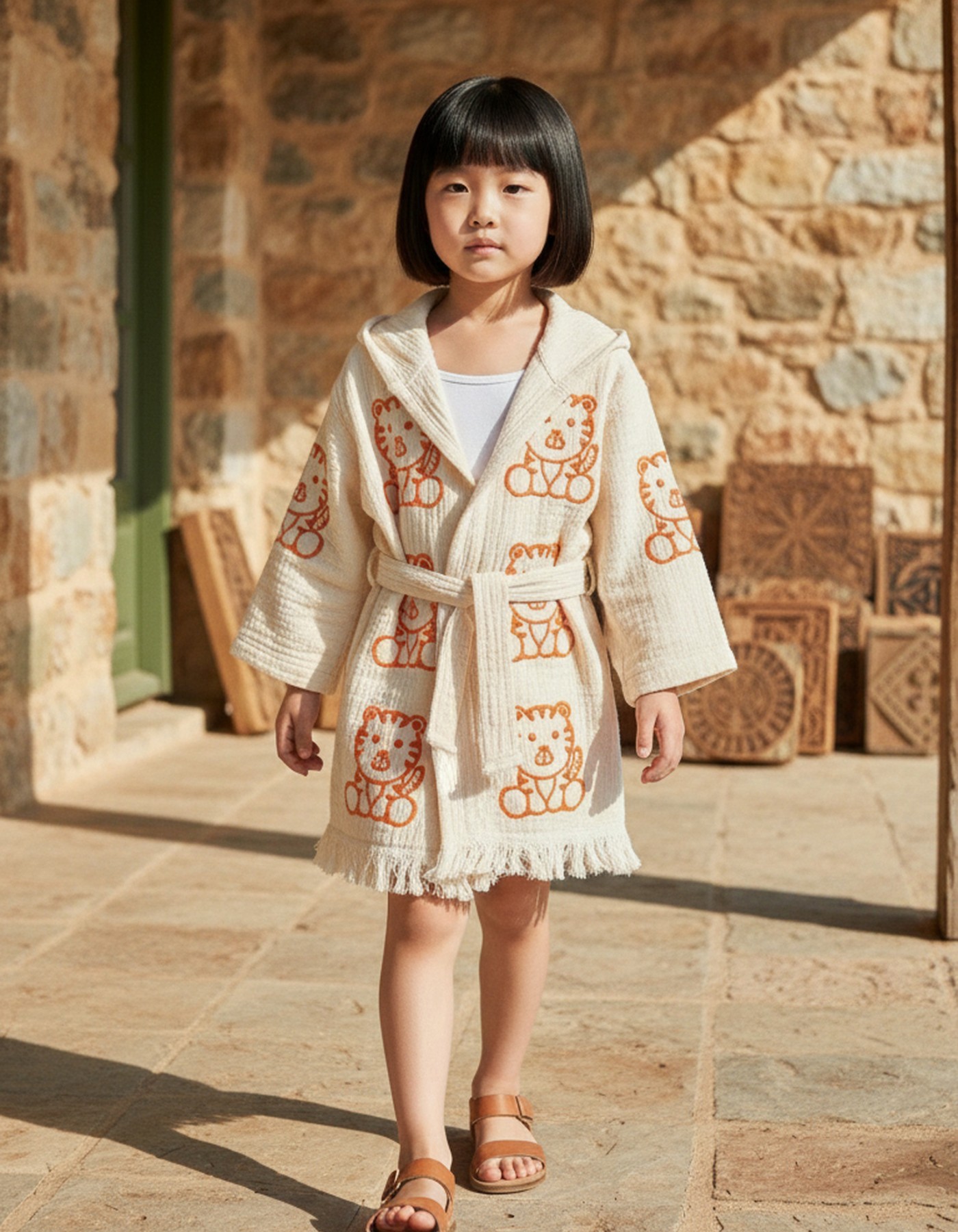 Varol %100 Organik, El İşçiliği Taş Baskı Çocuk Bornozu - Kaplan