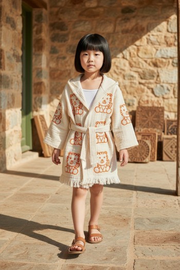 Varol %100 Organik, El İşçiliği Taş Baskı Çocuk Bornozu - Kaplan