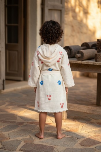 Varol %100 Organik, El İşçiliği Taş Baskı Çocuk Bornozu - Pati