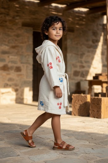 Varol %100 Organik, El İşçiliği Taş Baskı Çocuk Bornozu - Pati