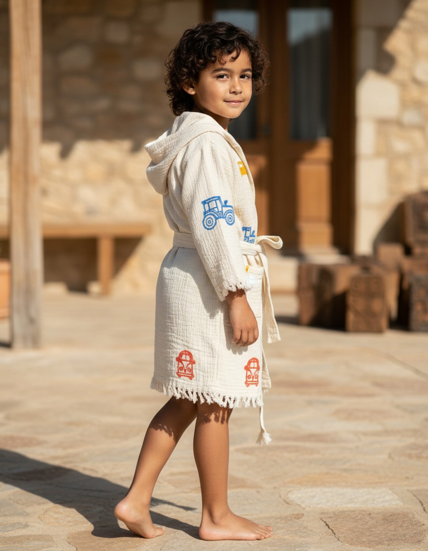 Varol %100 Organik, El İşçiliği Taş Baskı Çocuk Bornozu - Trafik