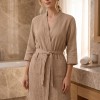 Varol Bej Müslin Kadın Bornoz %100 Pamuk 3/4 Kol Kuşaklı Cepli Spa & Plaj Bornozu Beden M