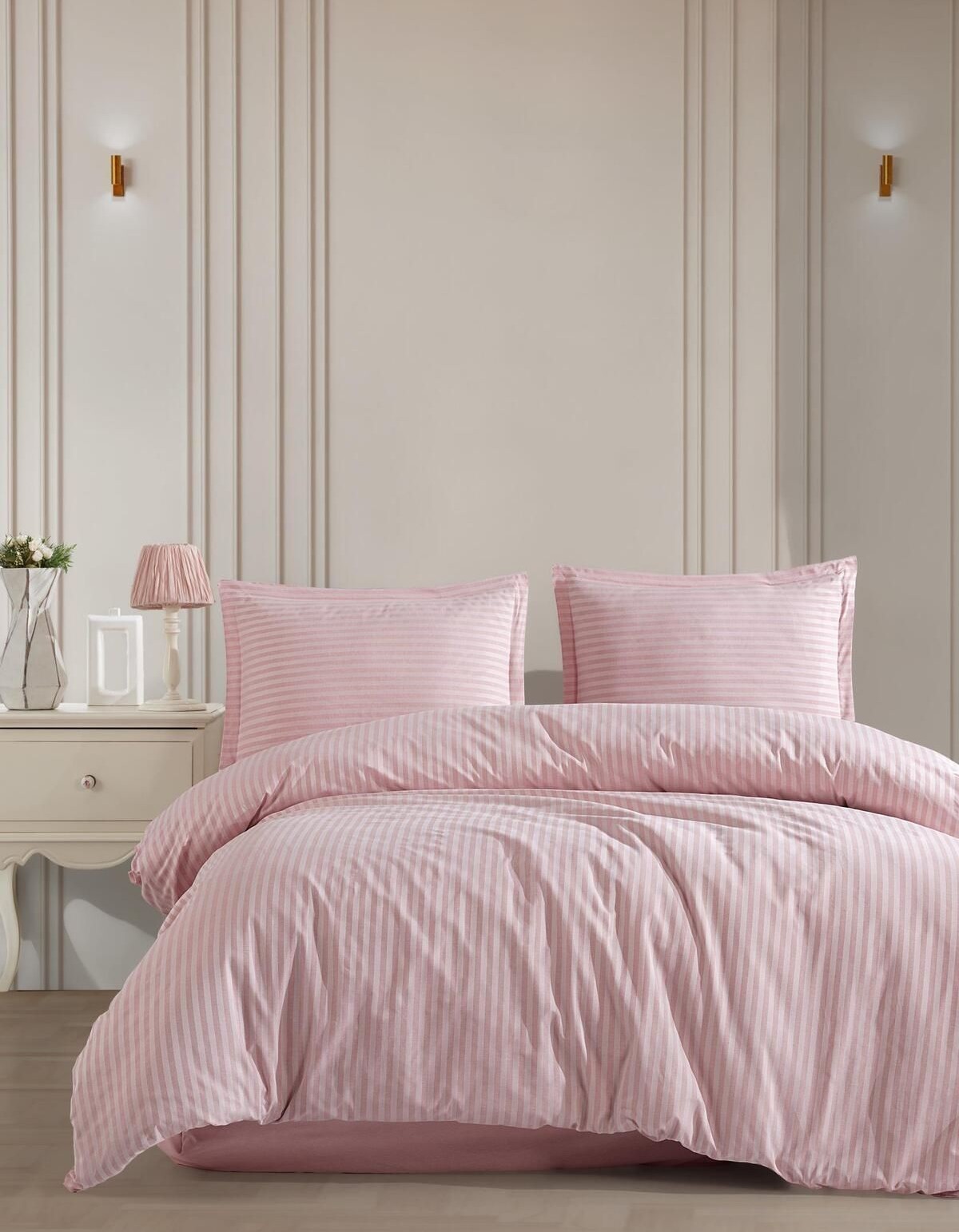 Varol Çarşafı Lastikli Saten Çizgili Çift Kişilik Nevresim Takım