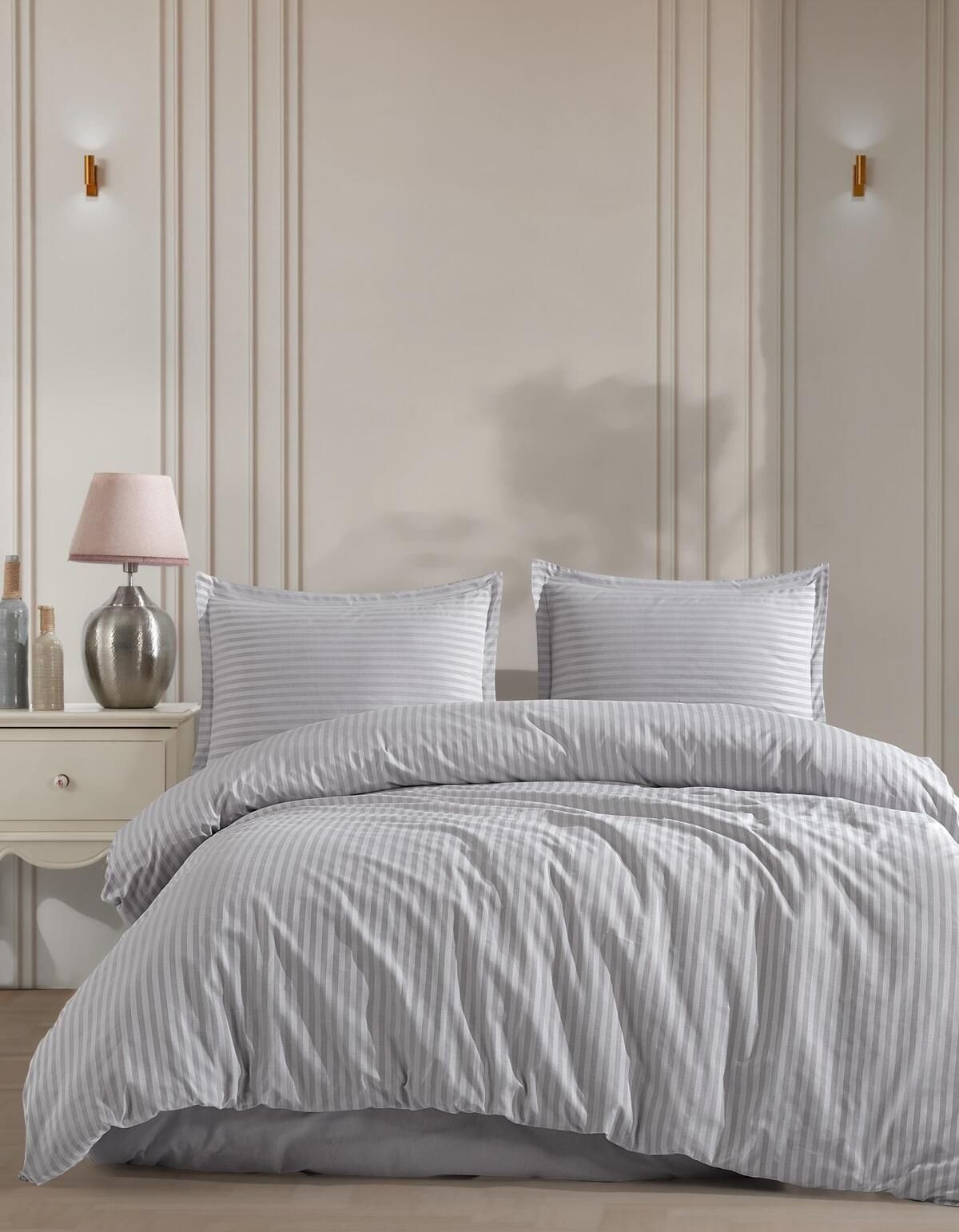 Varol Çarşafı Lastikli Saten Çizgili Çift Kişilik Nevresim Takım