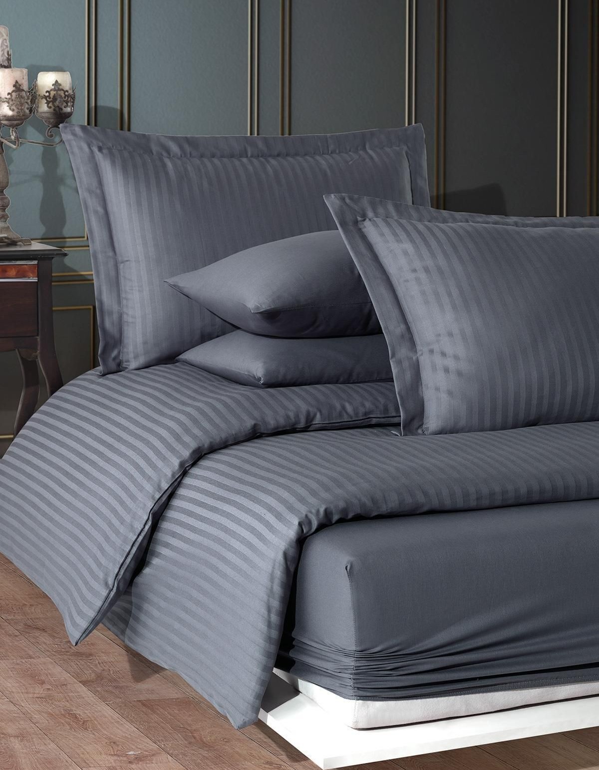 Varol Çift Kişilik Saten Çizgili Nevresim Takımı – Lastikli Çarşaf, Parlak ve Yumuşak Kumaş