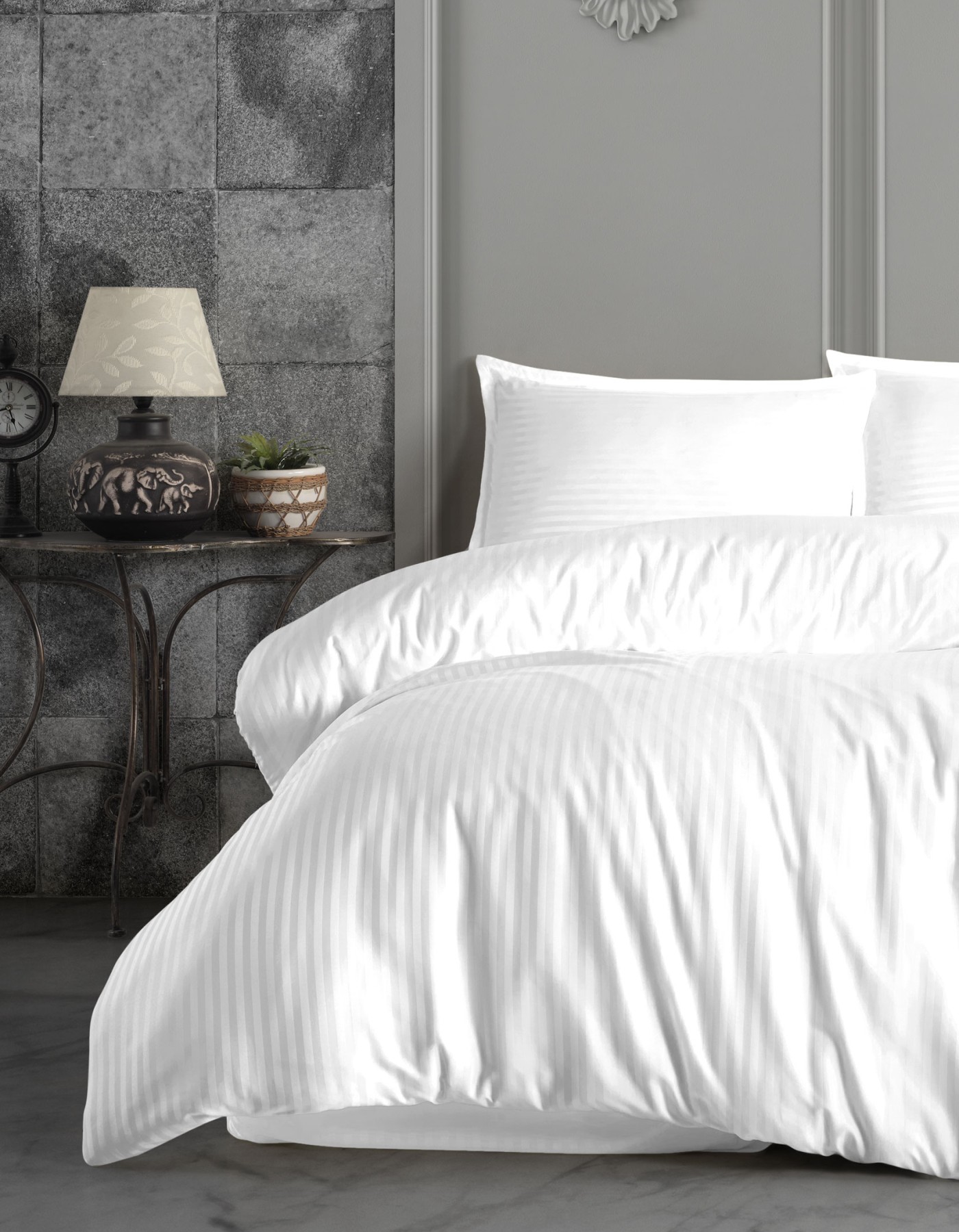 Varol Çift Kişilik Saten Çizgili Nevresim Takımı – Lastikli Çarşaf, Parlak ve Yumuşak Kumaş