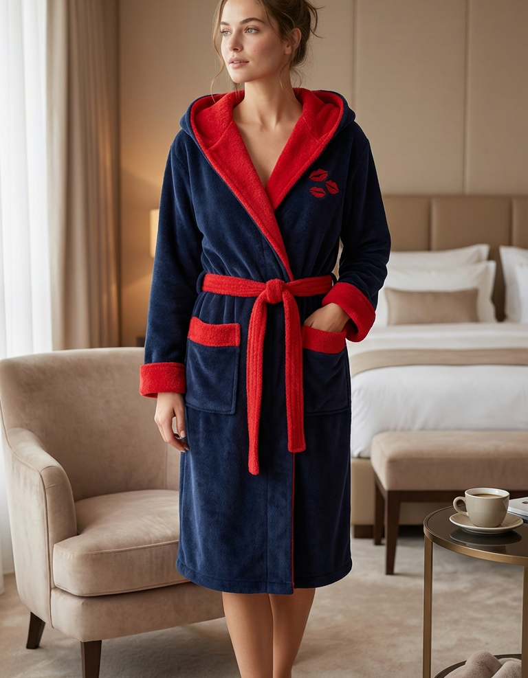 Varol Luxury Touch Kapşonlu %100 Pamuk Nakışlı Bornoz – Kiss