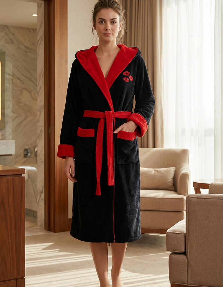 Varol Luxury Touch Kapşonlu %100 Pamuk Nakışlı Bornoz – Kiss