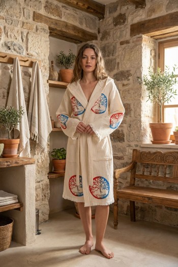 Varol Organik %100 Pamuk Kapşonlu Sabahlık Bornoz Plaj Elbisesi - Dualis
