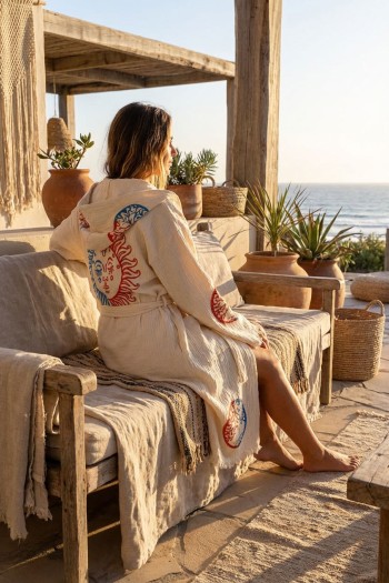 Varol Organik %100 Pamuk Kapşonlu Sabahlık Bornoz Plaj Elbisesi - Dualis