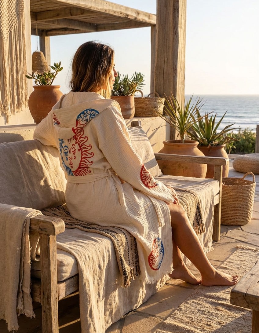 Varol Organik %100 Pamuk Kapşonlu Sabahlık Bornoz Plaj Elbisesi - Dualis