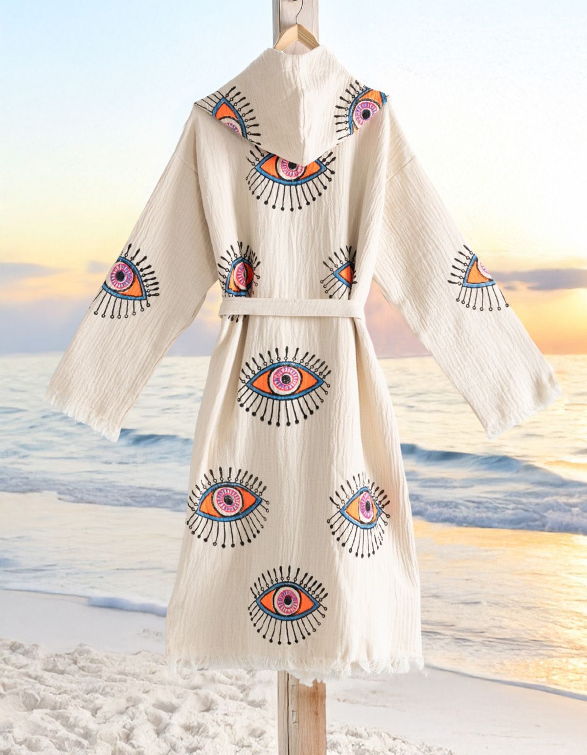 Varol Organik %100 Pamuk Kapşonlu Sabahlık Bornoz Plaj Elbisesi - Göz