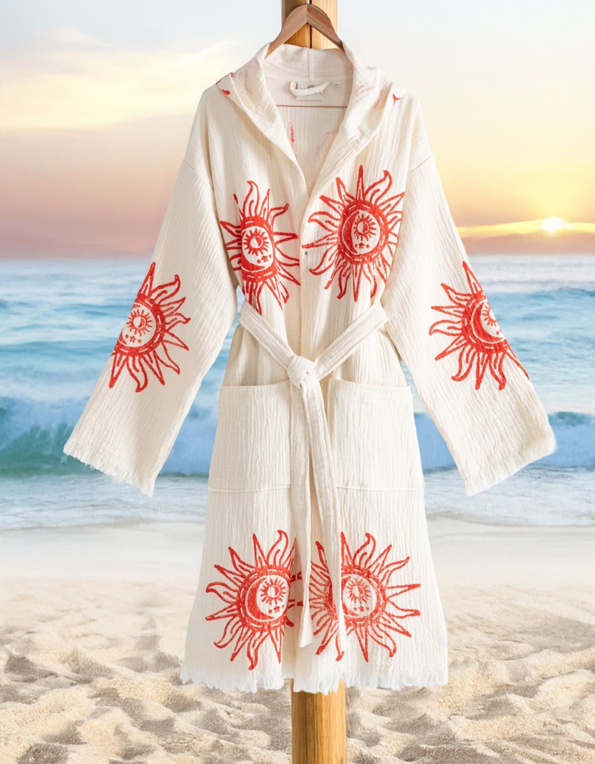 Varol Organik %100 Pamuk Kapşonlu Sabahlık Bornoz Plaj Elbisesi - Heliona V1