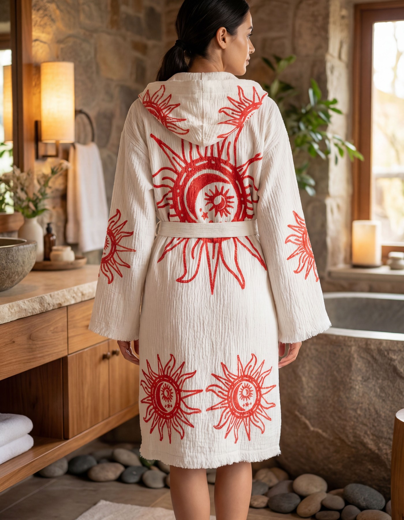 Varol Organik %100 Pamuk Kapşonlu Sabahlık Bornoz Plaj Elbisesi - Heliona V1