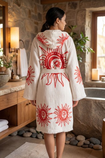 Varol Organik %100 Pamuk Kapşonlu Sabahlık Bornoz Plaj Elbisesi - Heliona V1