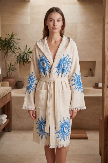 Varol Organik %100 Pamuk Kapşonlu Sabahlık Bornoz Plaj Elbisesi - Heliona V2