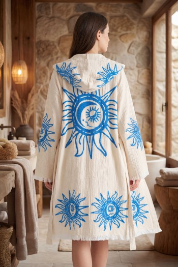 Varol Organik %100 Pamuk Kapşonlu Sabahlık Bornoz Plaj Elbisesi - Heliona V2