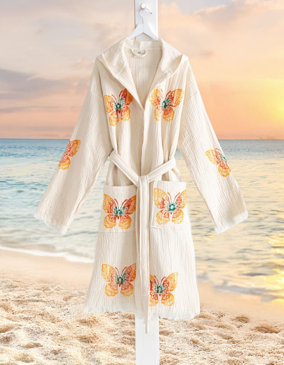 Varol Organik %100 Pamuk Kapşonlu Sabahlık Bornoz Plaj Elbisesi - Kelebek