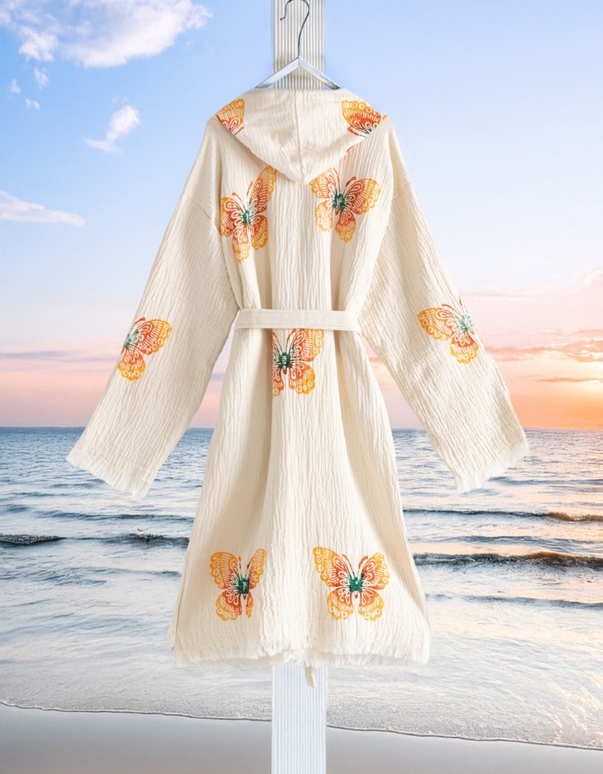 Varol Organik %100 Pamuk Kapşonlu Sabahlık Bornoz Plaj Elbisesi - Kelebek