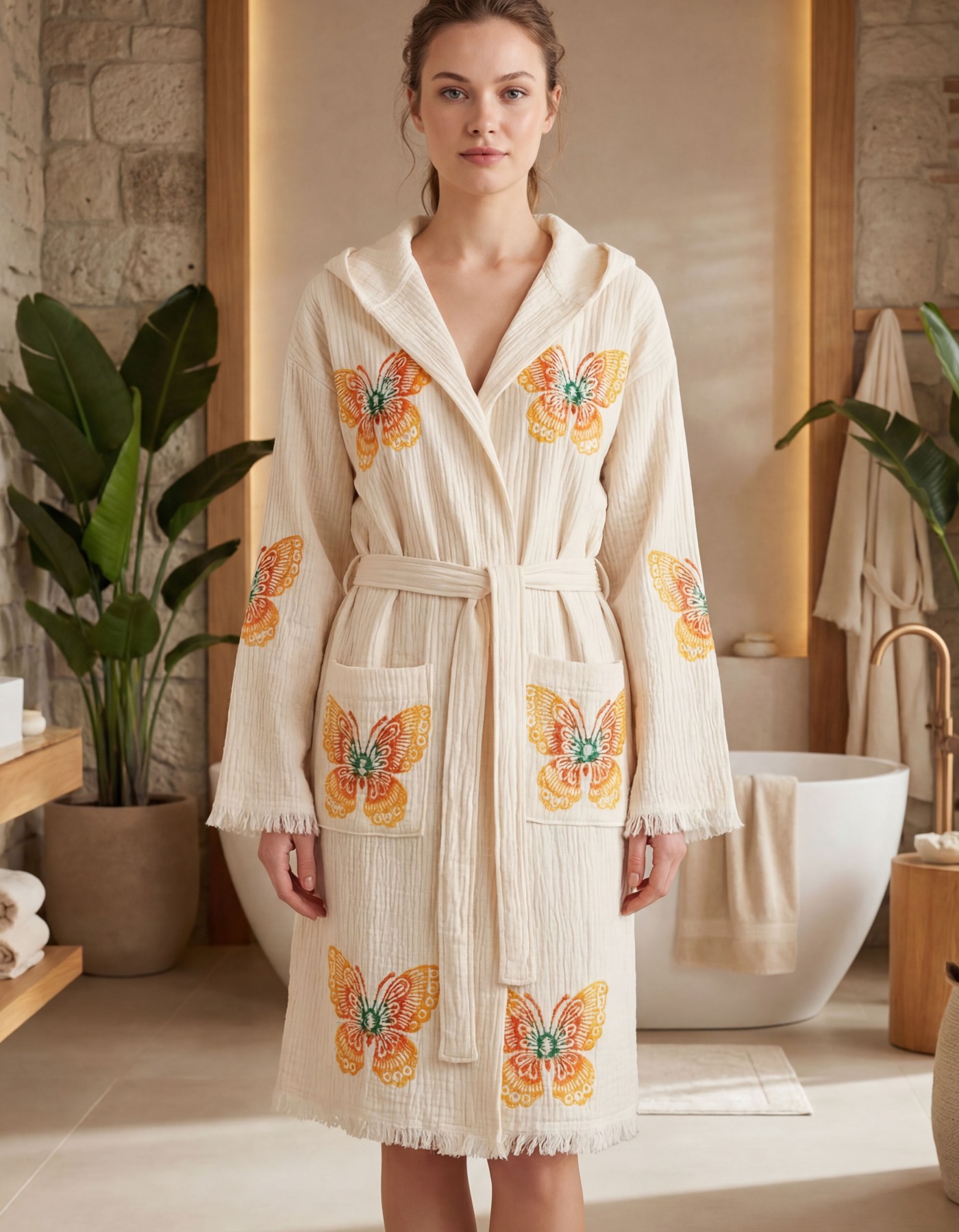 Varol Organik %100 Pamuk Kapşonlu Sabahlık Bornoz Plaj Elbisesi - Kelebek