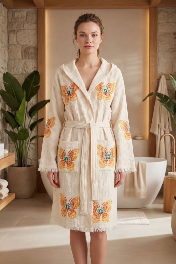 Varol Organik %100 Pamuk Kapşonlu Sabahlık Bornoz Plaj Elbisesi - Kelebek