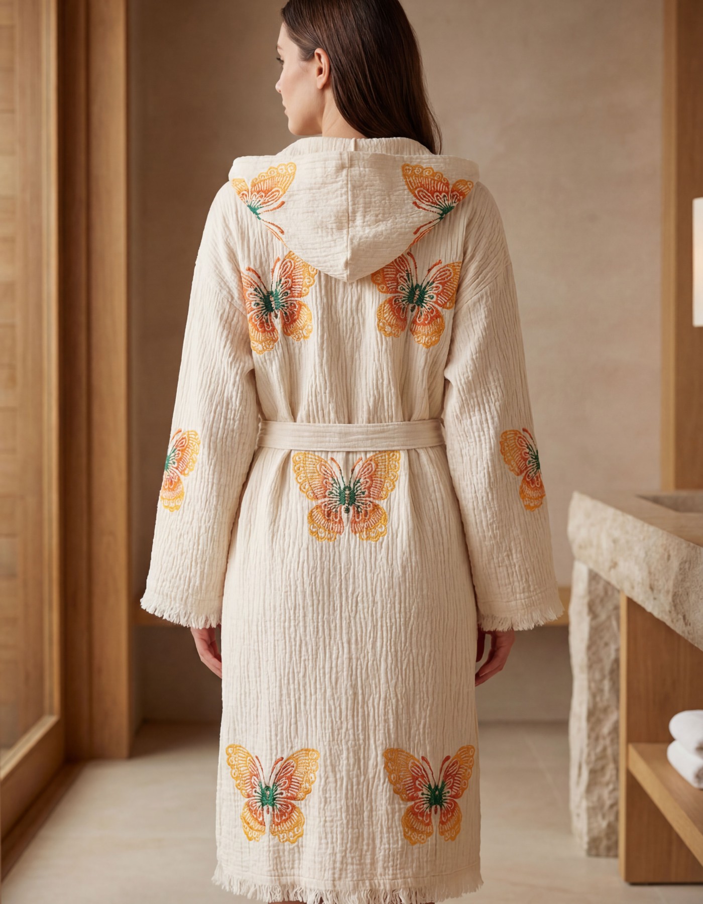 Varol Organik %100 Pamuk Kapşonlu Sabahlık Bornoz Plaj Elbisesi - Kelebek