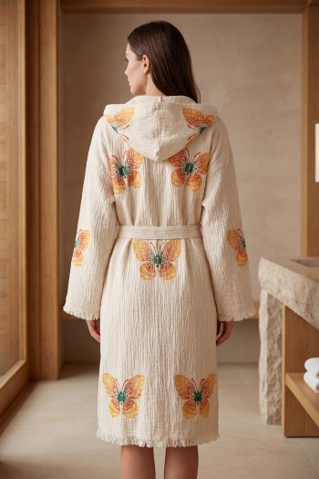 Varol Organik %100 Pamuk Kapşonlu Sabahlık Bornoz Plaj Elbisesi - Kelebek