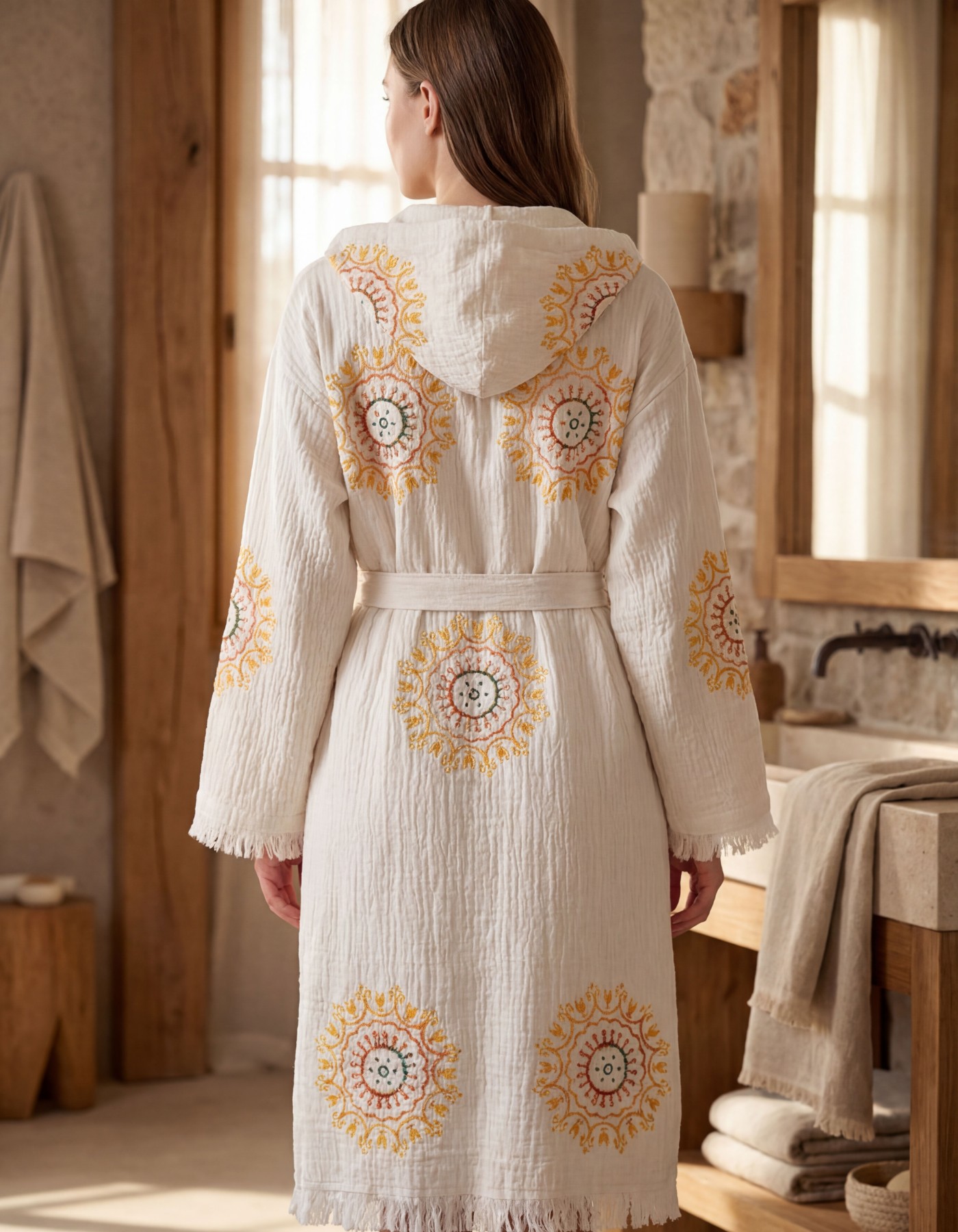 Varol Organik %100 Pamuk Kapşonlu Sabahlık Bornoz Plaj Elbisesi - Lemura