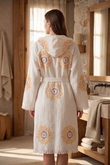 Varol Organik %100 Pamuk Kapşonlu Sabahlık Bornoz Plaj Elbisesi - Lemura