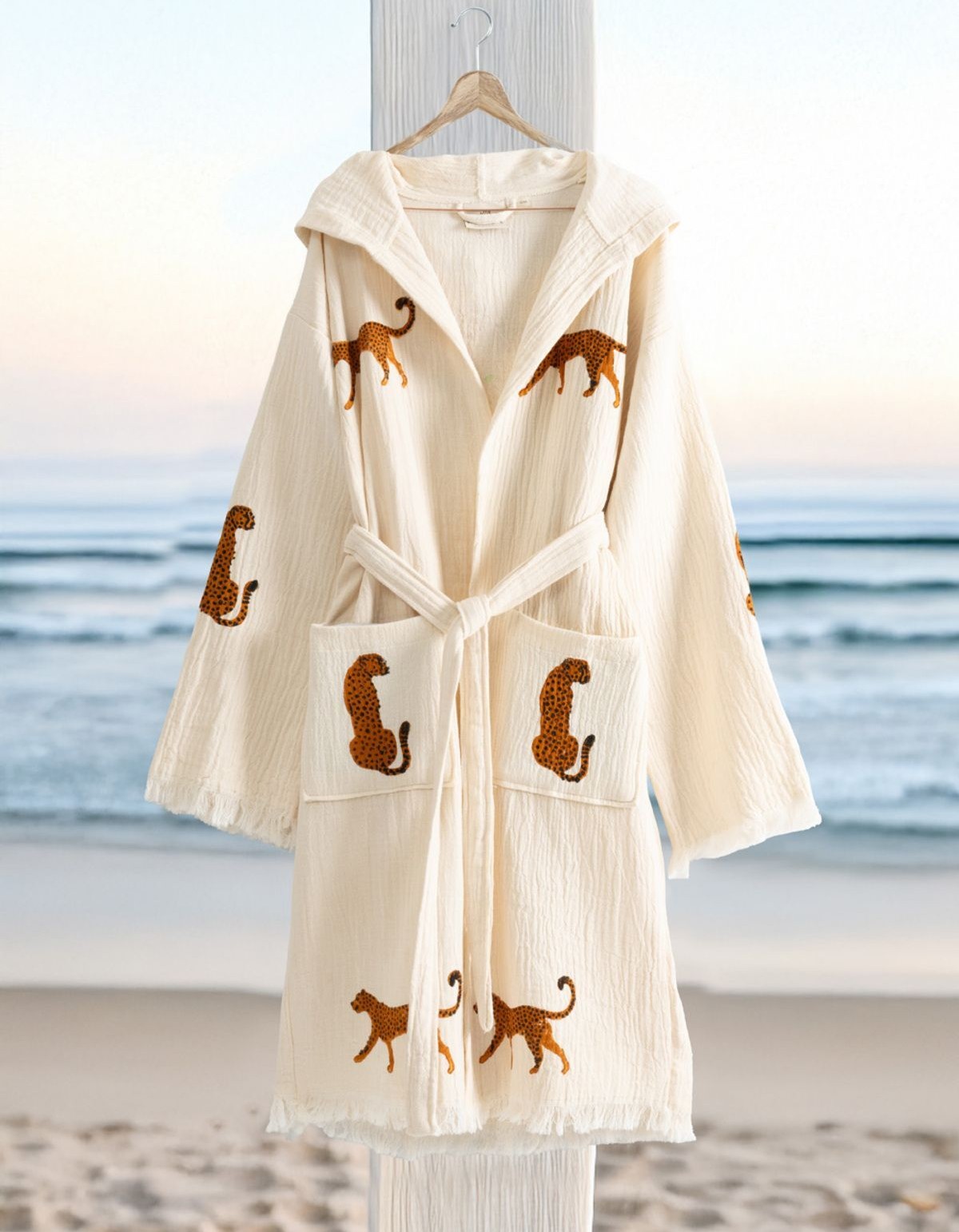 Varol Organik %100 Pamuk Kapşonlu Sabahlık Bornoz Plaj Elbisesi - Leopar