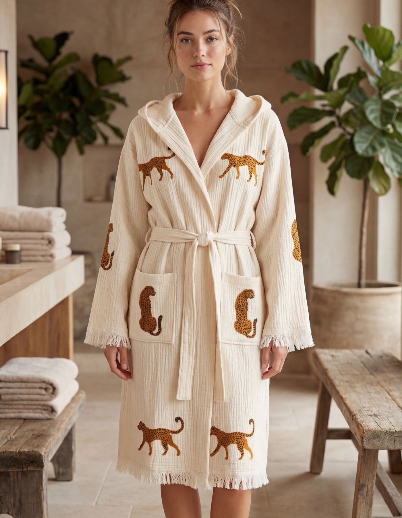 Varol Organik %100 Pamuk Kapşonlu Sabahlık Bornoz Plaj Elbisesi - Leopar