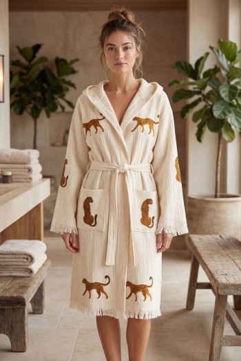 Varol Organik %100 Pamuk Kapşonlu Sabahlık Bornoz Plaj Elbisesi - Leopar