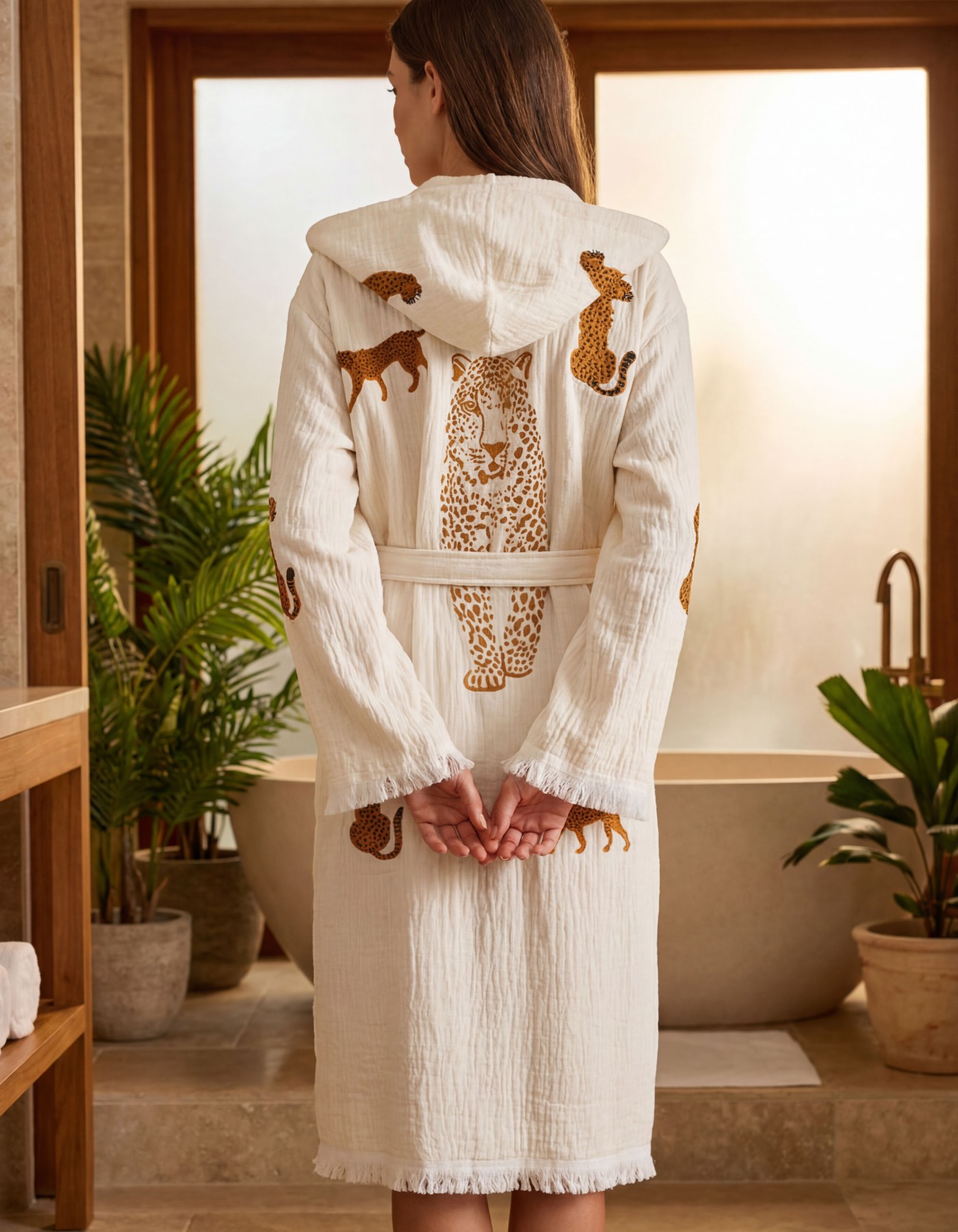 Varol Organik %100 Pamuk Kapşonlu Sabahlık Bornoz Plaj Elbisesi - Leopar