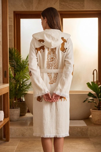 Varol Organik %100 Pamuk Kapşonlu Sabahlık Bornoz Plaj Elbisesi - Leopar