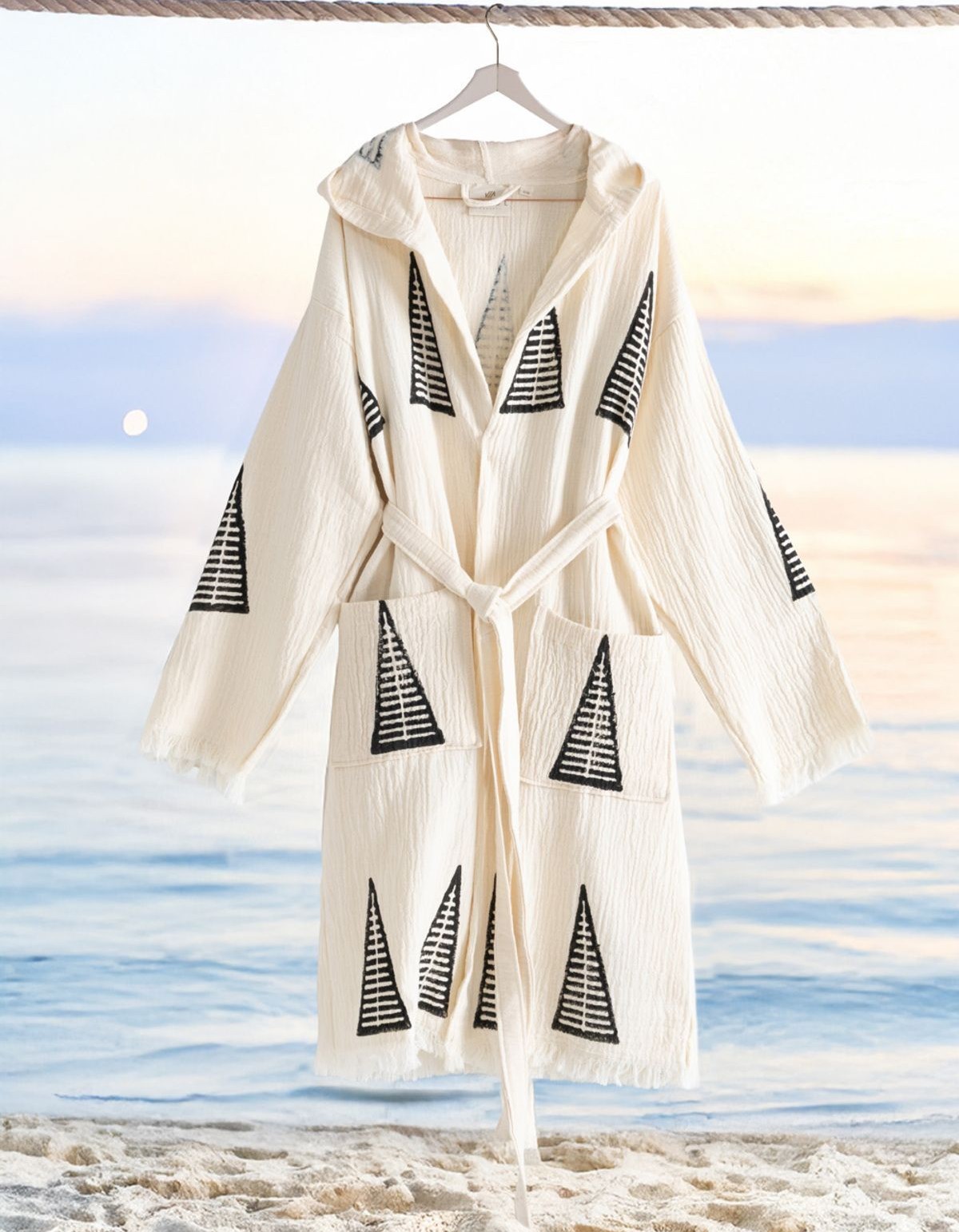 Varol Organik %100 Pamuk Kapşonlu Sabahlık Bornoz Plaj Elbisesi - Piramit