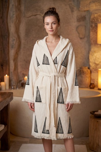 Varol Organik %100 Pamuk Kapşonlu Sabahlık Bornoz Plaj Elbisesi - Piramit