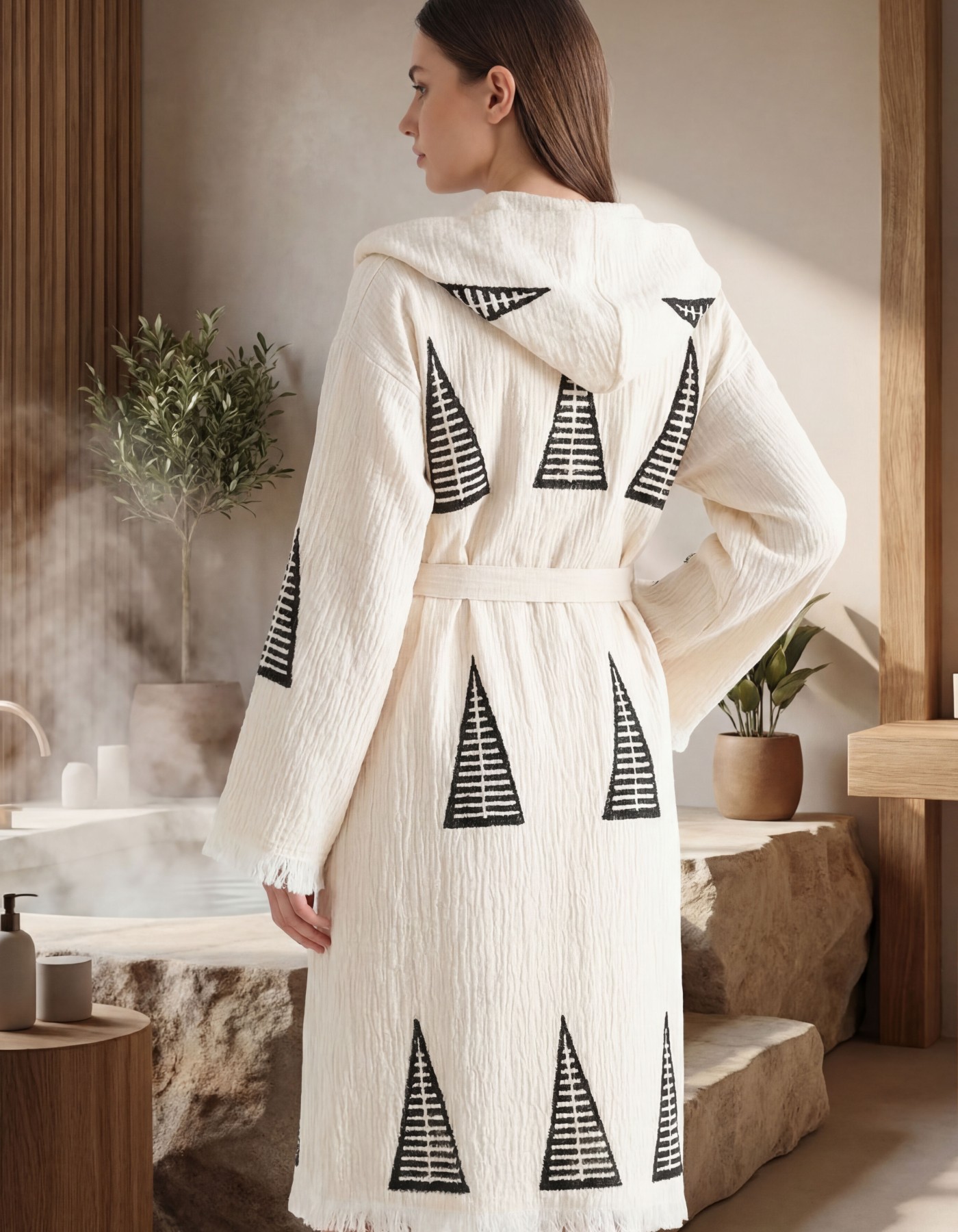 Varol Organik %100 Pamuk Kapşonlu Sabahlık Bornoz Plaj Elbisesi - Piramit