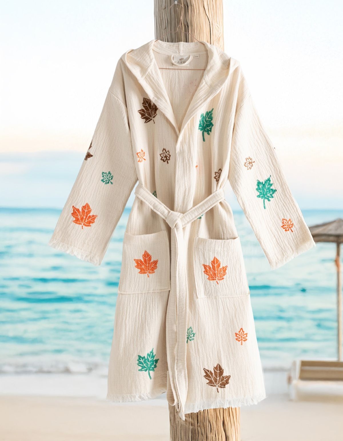 Varol Organik %100 Pamuk Kapşonlu Sabahlık Bornoz Plaj Elbisesi - Sonbahar