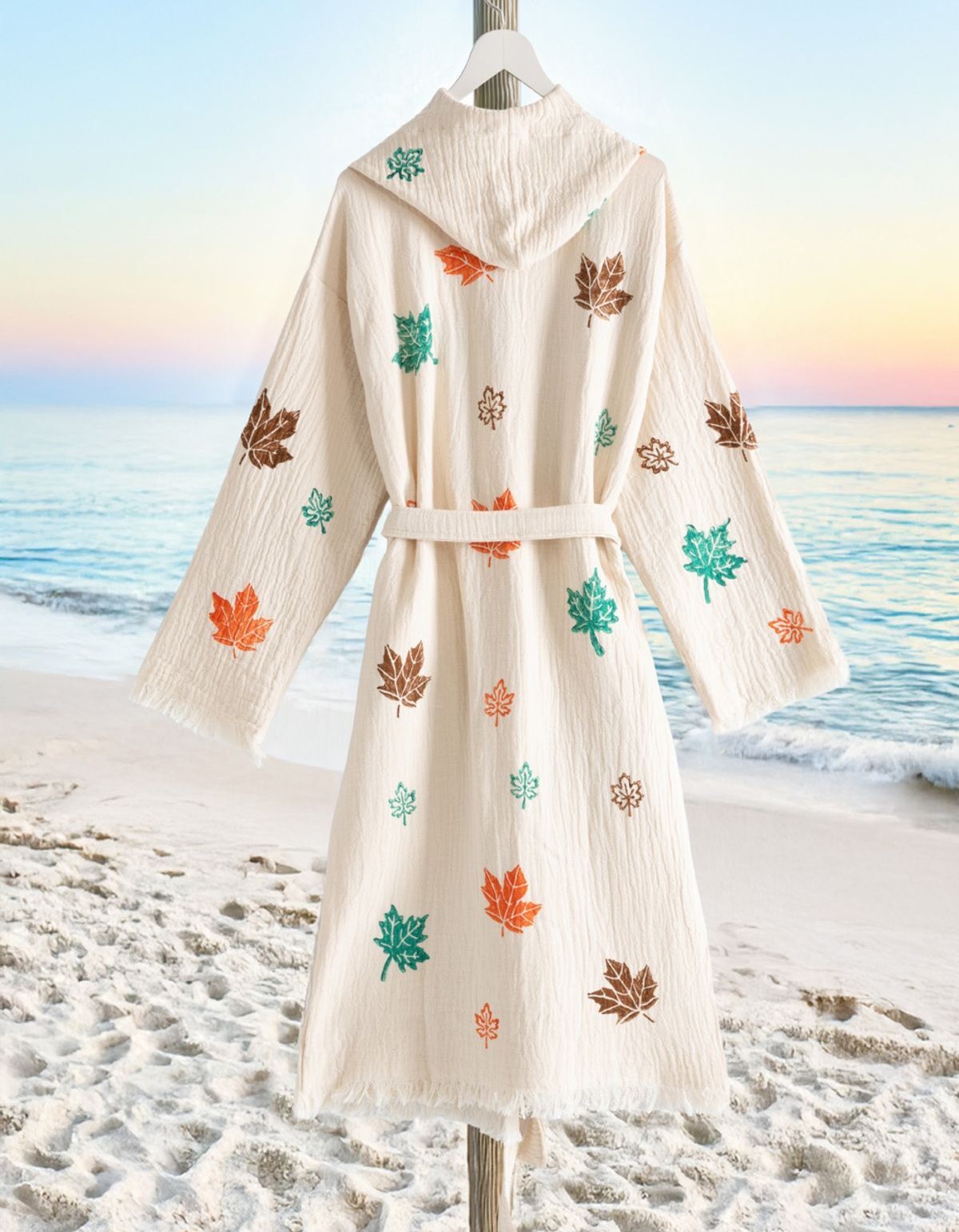 Varol Organik %100 Pamuk Kapşonlu Sabahlık Bornoz Plaj Elbisesi - Sonbahar