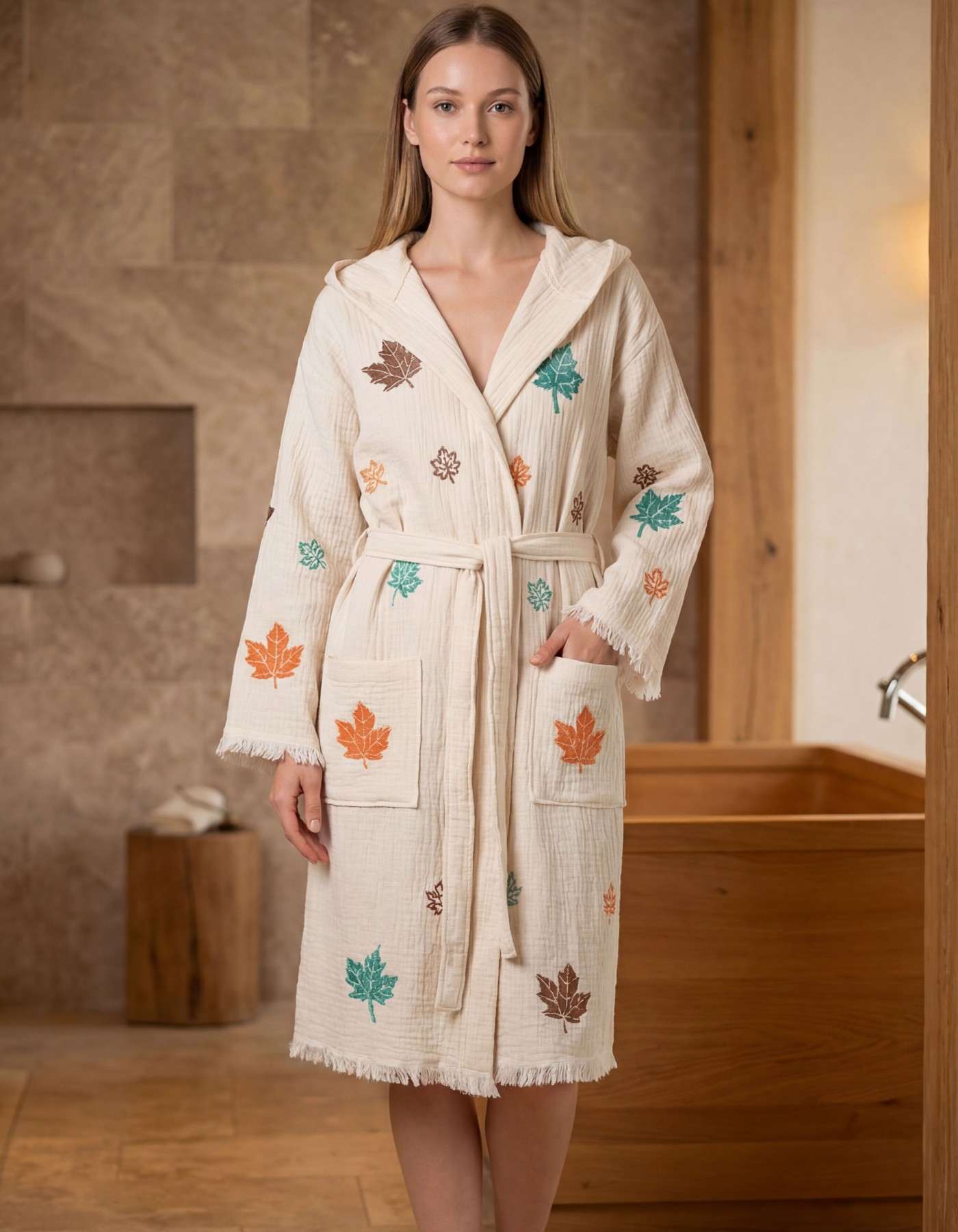 Varol Organik %100 Pamuk Kapşonlu Sabahlık Bornoz Plaj Elbisesi - Sonbahar